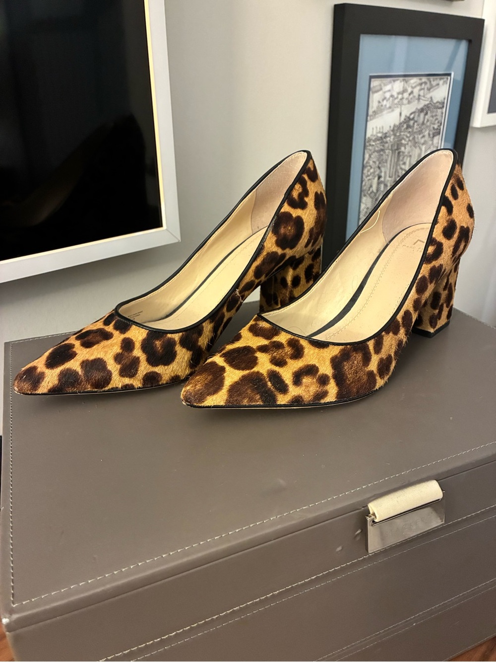 Marc Fisher Leopard Print Pointed Block Heel Pumps - Brown & Black